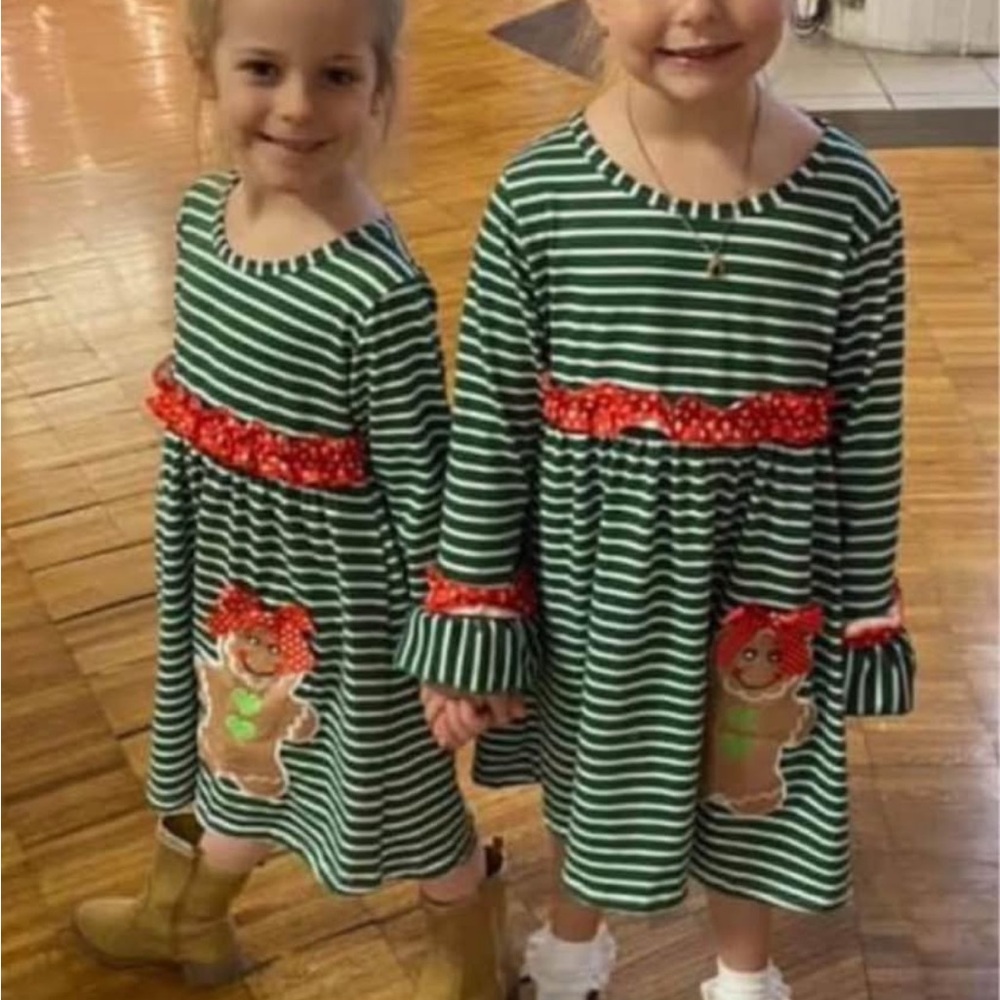 Green and White Striped Dress with Gingerbread Appliqué